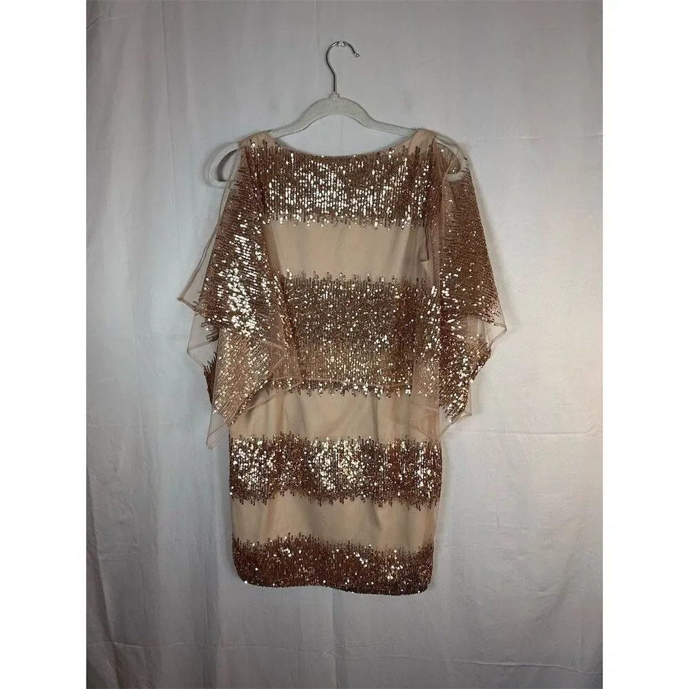 Belle Badgley Mischka Dress Womens 6 Beige Sequin Stripe Sheer Cape Cocktail - Picture 9 of 16